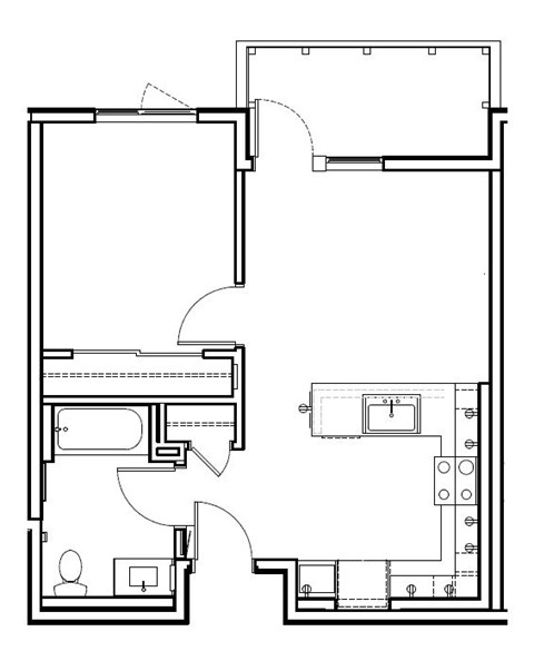 Floor plan for 1 bed, 1 bath, 579 sqft